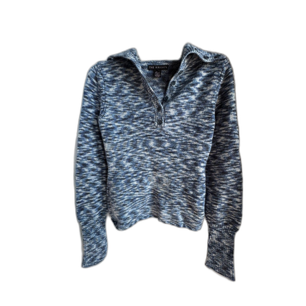 VTG The Wrights Marled Knit Collared Henley Sweater Blue White Gorpcore Cozy M